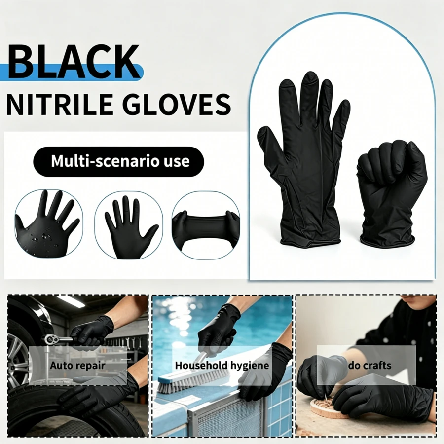 50pcs Disposable Black 100% Nitrile Gloves | Multifunctional Gloves With Textured Fingertips, 5 Mils Thick, Appropriate Thickness, 9.45 Inches Large, Household Gloves, Suitable For Washing, Shampooing, Washing Dishes, Daily Household Cleaning And Industrial Use.