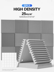TMJD MISS 12片/24片装吸音墙板，12英寸×12英寸×1/2英寸，适用于录音室、音乐室、游戏空间、播客、隔音和吸音 | 聚酯楔形吸音泡沫 | 带双面胶 - 三角槽設計 - 查看 12