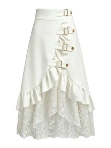 Gothic Style Lace Patchwork Ruffle Hem Solid Color Pirate Skirt White Spring - White - View 1