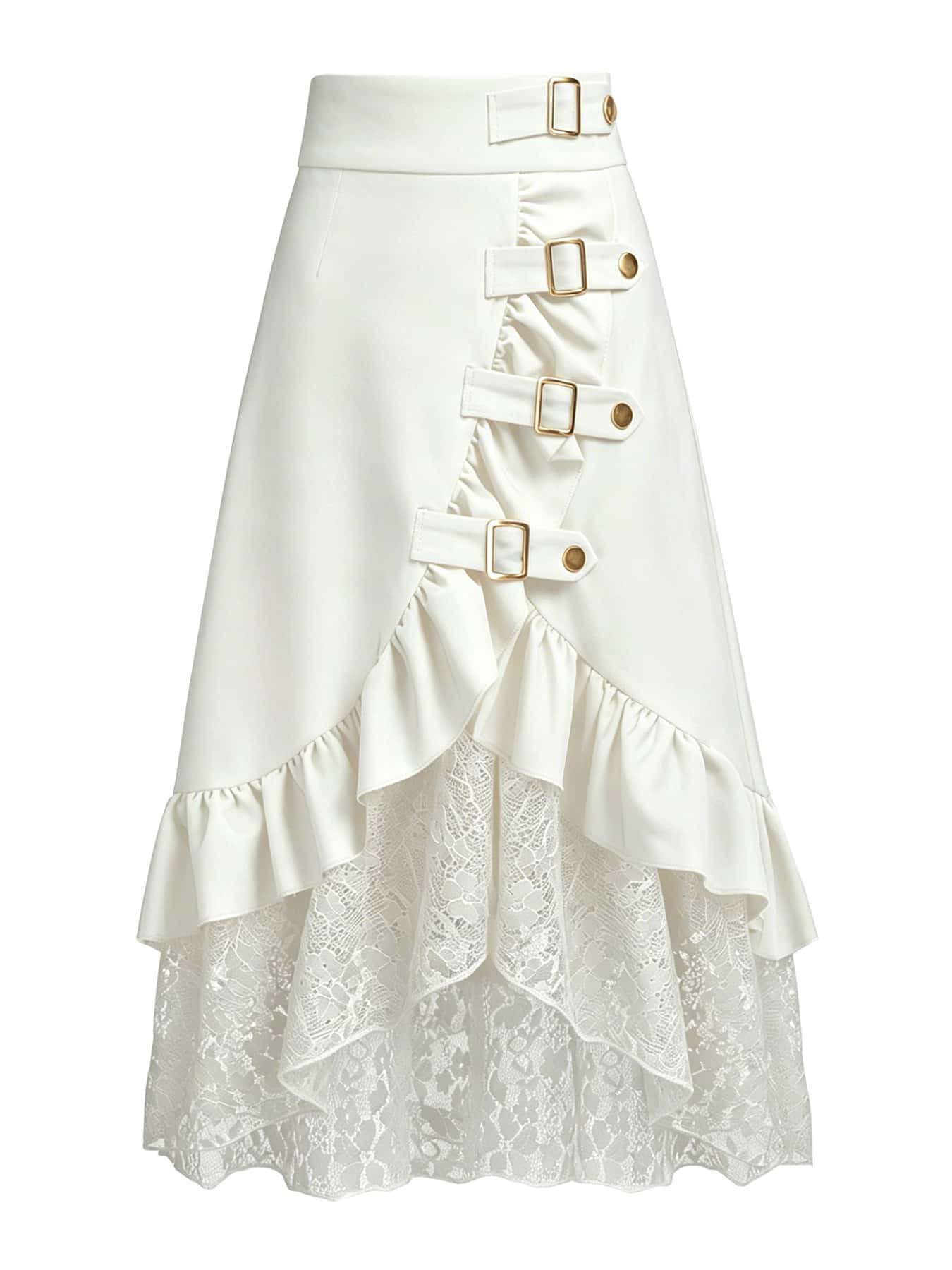 Gothic Style Lace Patchwork Ruffle Hem Solid Color Pirate Skirt White Spring - White - View 1