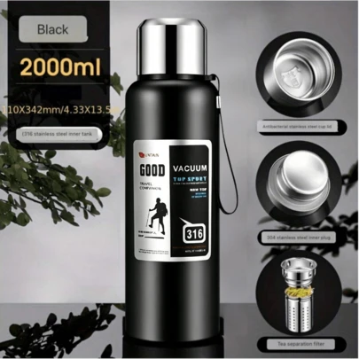 1 bình giữ nhiệt dung tích lớn 66oz (khoảng 177ml) bằng thép không gỉ, chống rò rỉ, có nắp dây treo, thiết yếu cho việc mang theo uống trà, cà phê, nước khi đi du lịch, cắm trại, hoạt động ngoài trời, leo núi, hẹn hò, đi làm hàng ngày, quà tặng.