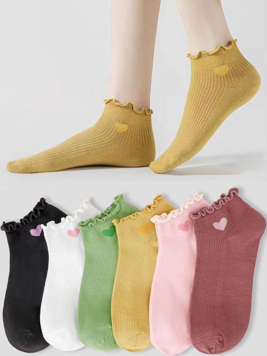 6 Pairs Solid Color Heart Cute Sweet Japanese Style Ruffle Hem Minimalist Fashion Women Short Socks - Multicolor - View 1