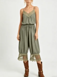 Sleeveless Jumpsuit For Women V Neck Adjustable Spaghetti Strap Lace Patchwork Romper With Wide Leg - Army Green - View 4