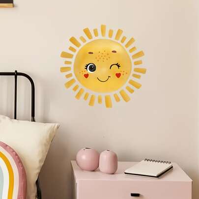 1 miếng dán tường hình mặt trời nháy mắt và trái tim hoạt hình dễ thương, decal PVC tự dính, chống thấm nước, có thể tháo rời, thích hợp để trang trí phòng khách, phòng ngủ và tường lối vào.