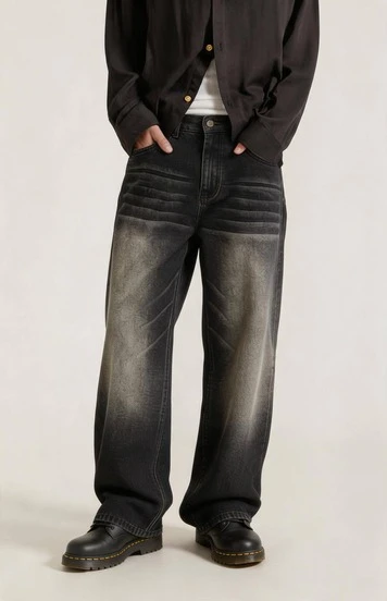 HEHCN Men's Pocket Washed Black Wide Leg Casual Loose Jeans, Streetwear Baggy Long Pants, Suitable Gift For Husband, Boyfriend