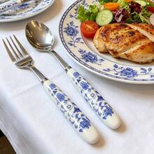 5/20 piezas Juego de cubiertos de acero inoxidable con mango de porcelana azul y blanca, incluye cuchillo de mesa, tenedor, cuchara, cucharilla, cuchara para niños, tenedor de fruta y tenedor pequeño, adecuado para uso diario, hoteles y restaurantes - Multicolor - Ver 8