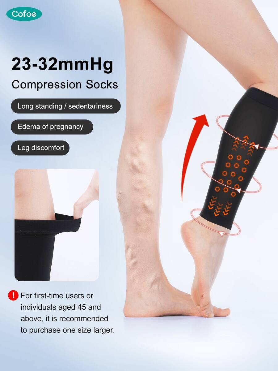 Cofoe Ống giữ ấm chân nén cao đến đầu gối, áp suất 23-32mmHg, phù hợp cho nam, nữ và phụ nữ mang thai. - màu đen - Xem 1