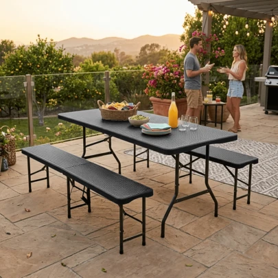 1.8m Folding Picnic Table With 2 Benches, 3 Piece Camping Set, HDPE Tabletop With Tree Print, Safety Lock, UV And Water Resistant, Black.