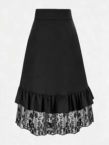 Falda pirata de unicolor con volantes y encaje en el bajo, estilo gótico, color negro, para primavera - Negro - Ver 2
