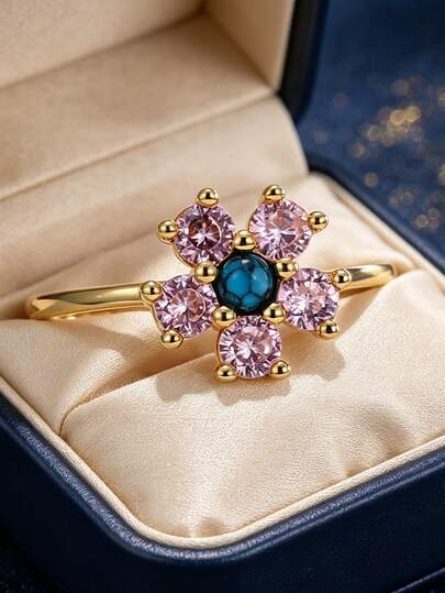 Women's Gilded Delicate Flower Ring, Zirconia Inlaid With Faux Turquoise And Pink, Soft Bohemian Floral Style, Suitable For Daily Commute And Work Outfits, An Ideal Gift For Fashion Enthusiasts