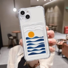 1 unidad Olas sol barco mar abstracto Funda para iPhone 16 e, protección anticaída con airbag reforzado en las cuatro esquinas, tarjetero invisible integrado en la parte trasera, compatible para tarjeta personal, carnet de conducir, tarjeta de acceso y tarjeta de transporte, funda protectora antigolpes portátil con ranura para tarjetas, diseño sencillo y elegante, ideal para uso diario, desplazamientos y viajes - transparente - Ver 1