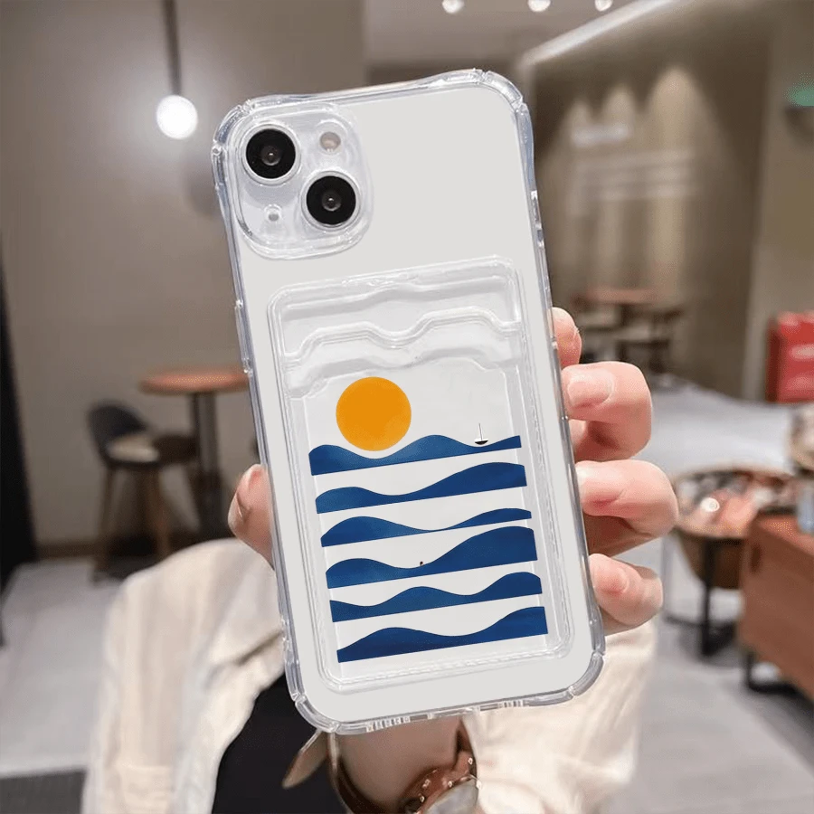1 unidad Olas sol barco mar abstracto Funda para iPhone 16 e, protección anticaída con airbag reforzado en las cuatro esquinas, tarjetero invisible integrado en la parte trasera, compatible para tarjeta personal, carnet de conducir, tarjeta de acceso y tarjeta de transporte, funda protectora antigolpes portátil con ranura para tarjetas, diseño sencillo y elegante, ideal para uso diario, desplazamientos y viajes - transparente - Ver 1