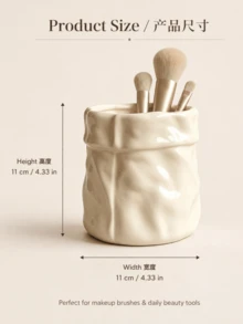 1pc Wrinkled Makeup Brush Holder, Cute Cosmetic Storage Cup Suitable For Vanity, Bathroom Countertop, Lipstick, Eyeliner, Eyebrow Pencil And Daily Makeup Tool Storage, Cream Pink Desktop Decor Gift - A - View 3