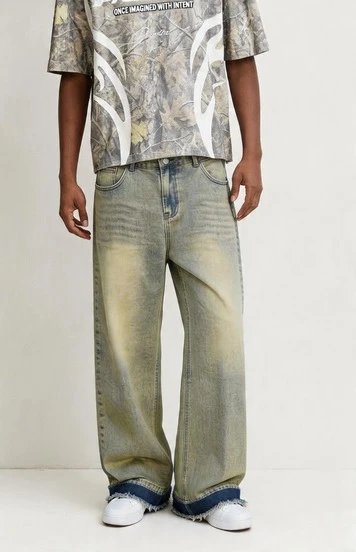 Men's Retro Loose Wide-Leg Jeans, Distressed Frayed Hem, Casual Street Style Suitable For All Seasons