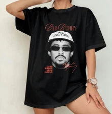 BadBunny Retro Signature Portrait T-Shirt | Gender-Neutral Oversized Streetwear Tee Black - Black - View 9