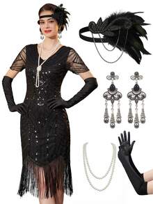 1 Set Atuendo de mujer estilo Flapper de los años 20, Disfraz con flecos con cuentas para el Gran Gatsby para el tema de los Años Locos 20 o Noches de Harlem - Multicolor - Ver 3