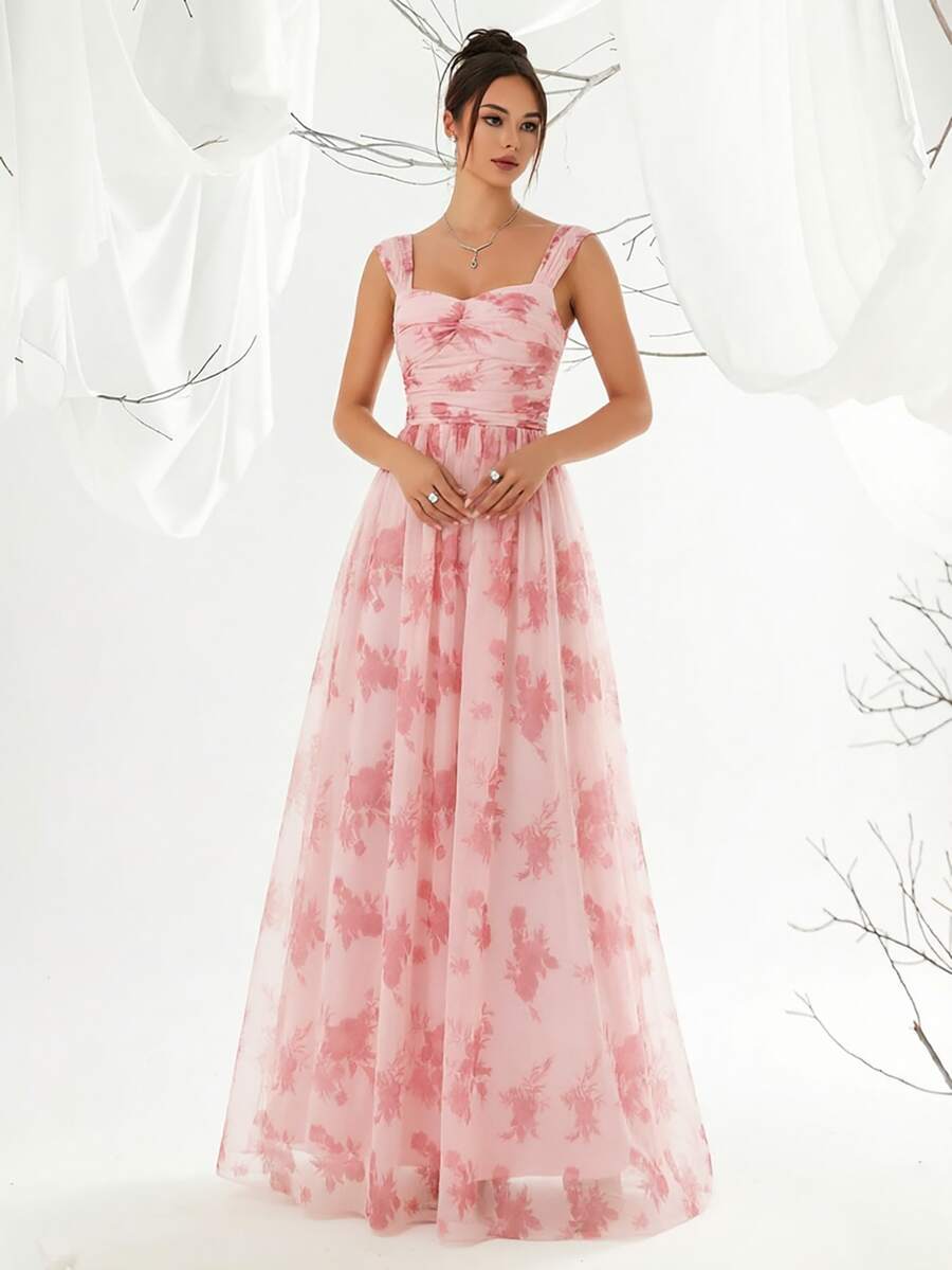 Sleeveless Mesh Ditsy Floral Bridesmaid Dress, Elegant Long Party Dress, Suitable For Birthday, Party, Wedding And Other Occasions - Pink - View 1