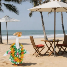 Hawaiian Luau Porch Goose Outfit, 23 Inch Lawn Goose Tropical Costume With Aloha Shirt, Straw Hat, Flower Lei  Sunglasses, Summer Beach Outfit For Garden Cement/Plastic Goose Statue, Tiki Party Yard Patio Decor - 綠色適合23吋白鵝 - 查看 5