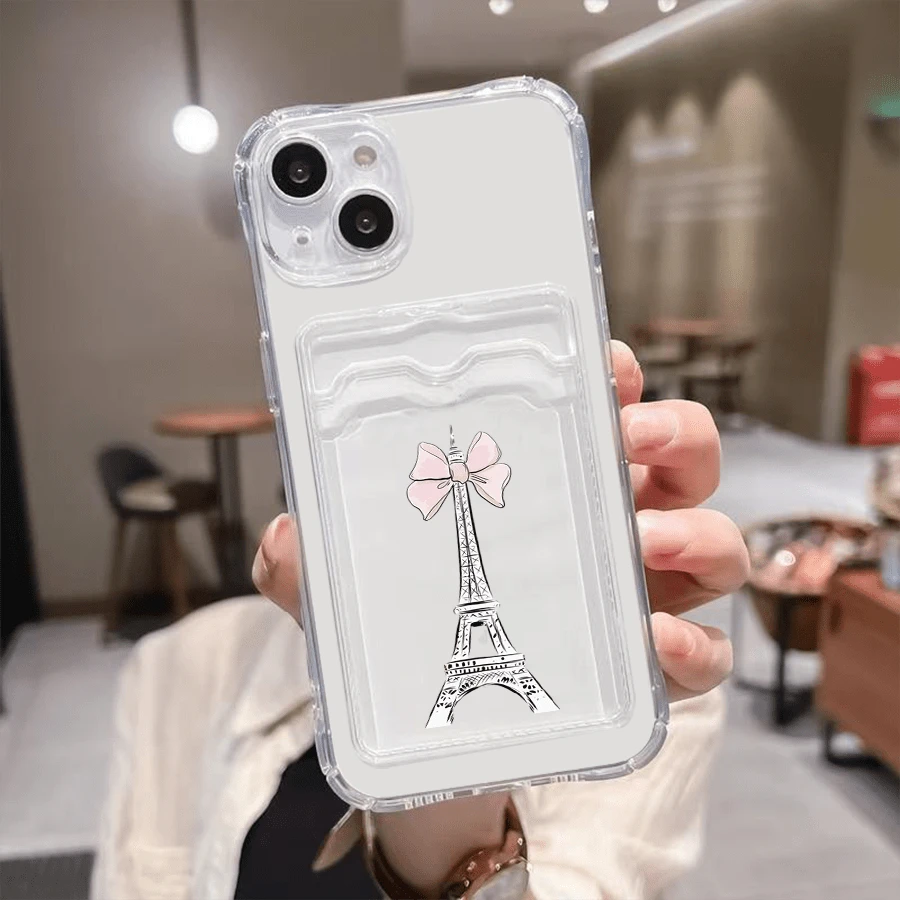 1 unidad Torre Eiffel lazo rosa minimalista Funda para Galaxy S24 ultra, protección anticaída con airbag reforzado en las cuatro esquinas, tarjetero invisible integrado en la parte trasera, compatible para tarjeta personal, carnet de conducir, tarjeta de acceso y tarjeta de transporte, funda protectora antigolpes portátil con ranura para tarjetas, diseño sencillo y elegante, ideal para uso diario, desplazamientos y viajes - transparente - Ver 1