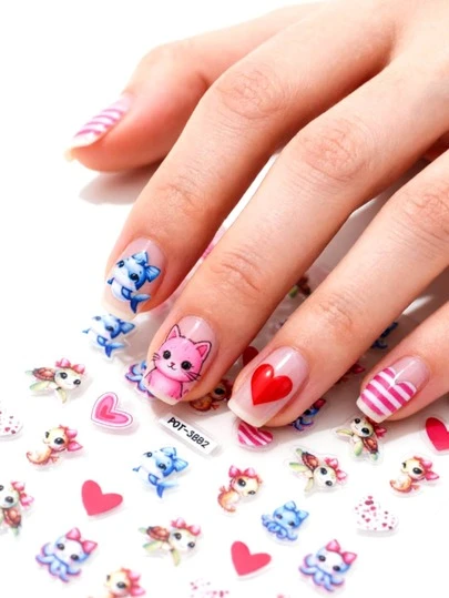 1pc Embossed Ocean Creature Nail Stickers, Cartoon Seahorse, Dolphin Nail Art Decals, Colorful Heart & Sea Turtle Nail Sliders, Shiny Surface, Odorless, Suitable For Women DIY Or Nail Salon
