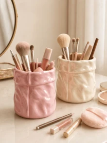 1pc Wrinkled Makeup Brush Holder, Cute Cosmetic Storage Cup Suitable For Vanity, Bathroom Countertop, Lipstick, Eyeliner, Eyebrow Pencil And Daily Makeup Tool Storage, Cream Pink Desktop Decor Gift - A - View 8