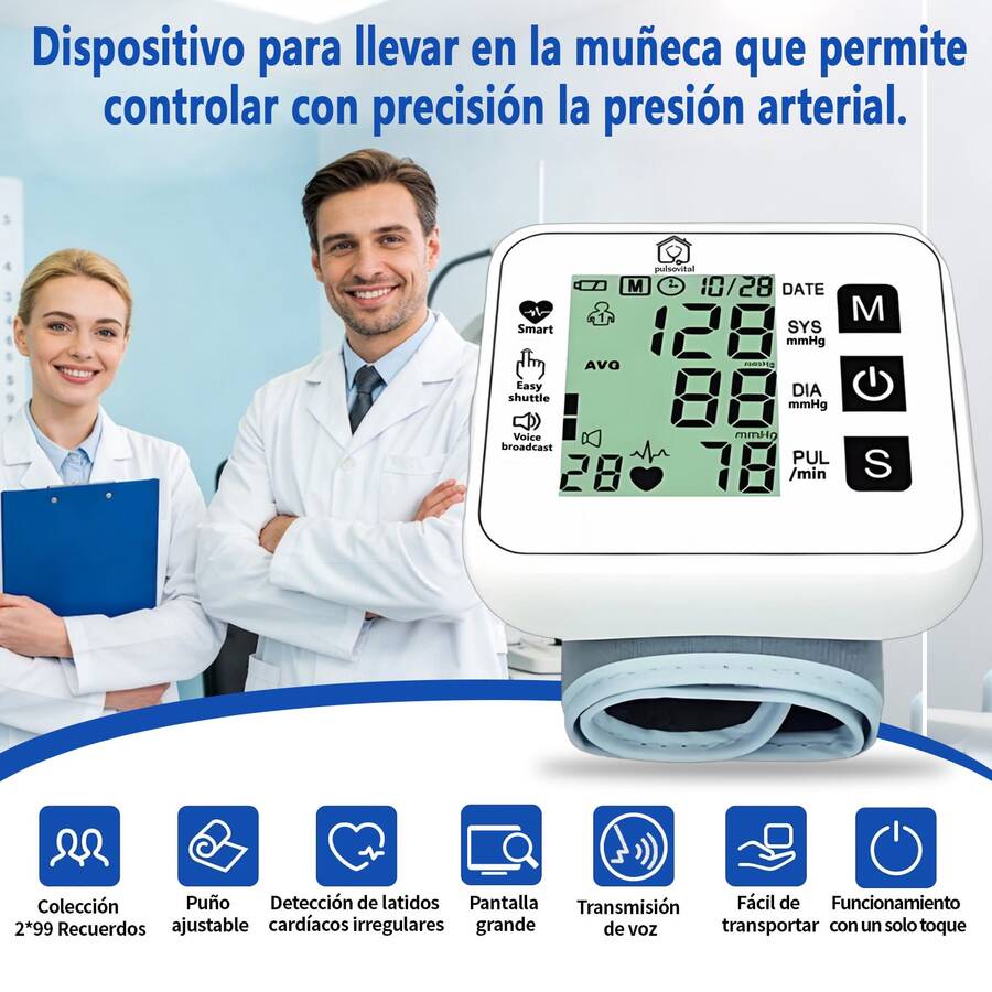 Blekrasi Pulsovital Tensiómetro de Muñeca Digital Recargable, Monitor de Presión Arterial Automático con Pantalla Grande, Kit Completo con Cable y Estuche, para Hogar y Viajes