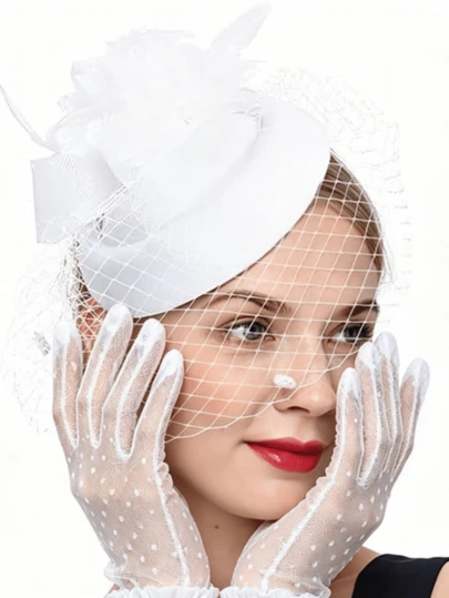 Conjunto de fascinador con clip para sombrero, sombrero, tocado para fiesta de té de boda y guantes cortos con lazo de encaje para mujer