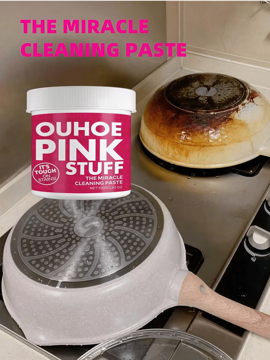 OUHOE Multi-Purpose Gentle Cleaning Paste, Removes Heavy Grease In Kitchen, Universal Pink Bucket Cleaning. Our Pink Bucket Cleaning Powder Contains Surfactants. It Can Quickly Remove Stains And Make Your Kitchen Look Brand New.