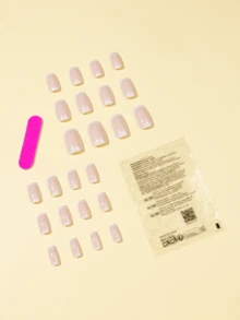 24片简约几何法式白色假指甲，短款方形美甲贴片套装，包含1张粘性贴片和1个指甲锉，适合日常佩戴 - 彩色 - 查看 2