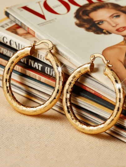 Bông tai vòng dày họa tiết vảy rắn mạ vàng, bông tai phong cách vintage phóng đại