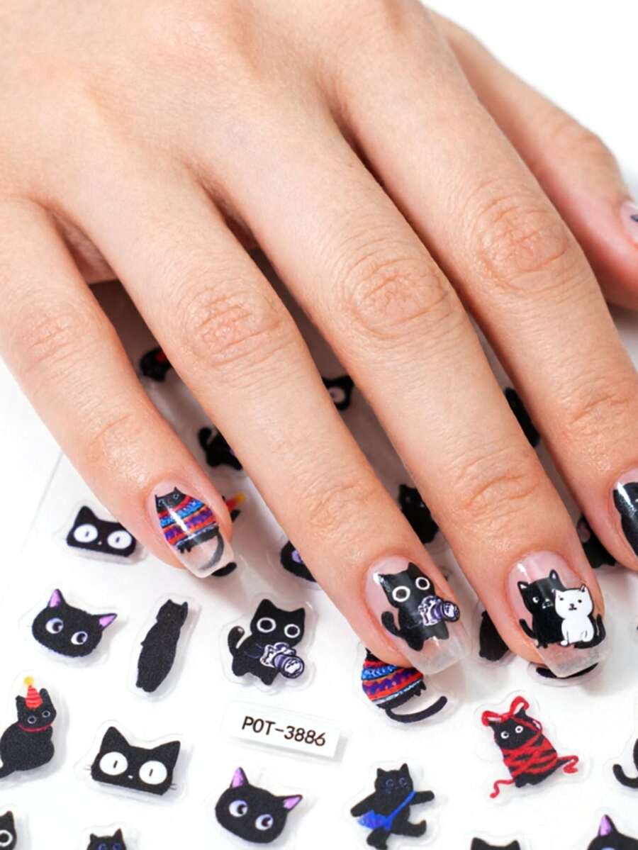 1pc Cute Cartoon Black Cat Nail Stickers, Self-Adhesive One-Time Embossed Nail Art Decals, Nail Stickers Suitable For Daily Wear & Dates, Vivid Pattern Easy To Apply & Firmly Stick - Multicolor - View 1