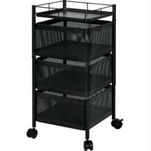 A multi-functional metal trolley with 3 folding baskets and wheels; suitable for kitchen and vegetable storage; a home storage item; a kitchen and bathroom storage trolley; a multi-functional organizing rack. - Schwarz - Übersicht 1