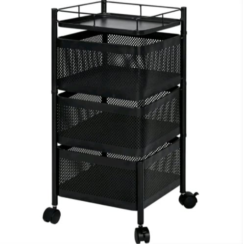 A multi-functional metal trolley with 3 folding baskets and wheels; suitable for kitchen and vegetable storage; a home storage item; a kitchen and bathroom storage trolley; a multi-functional organizing rack. - Schwarz - Übersicht 1