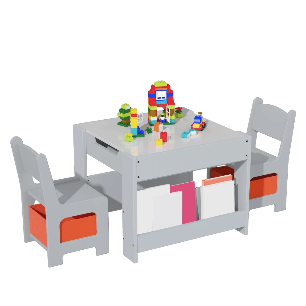 Mesa y 2 Sillas para Niños 4 en 1, Mesa de Actividades de Madera con Cajón de Almacenamiento, Diseño Desmontable, Ideal para Dibujo, Lectura, Artesanías y Tareas Escolares - Gris - Ver 1