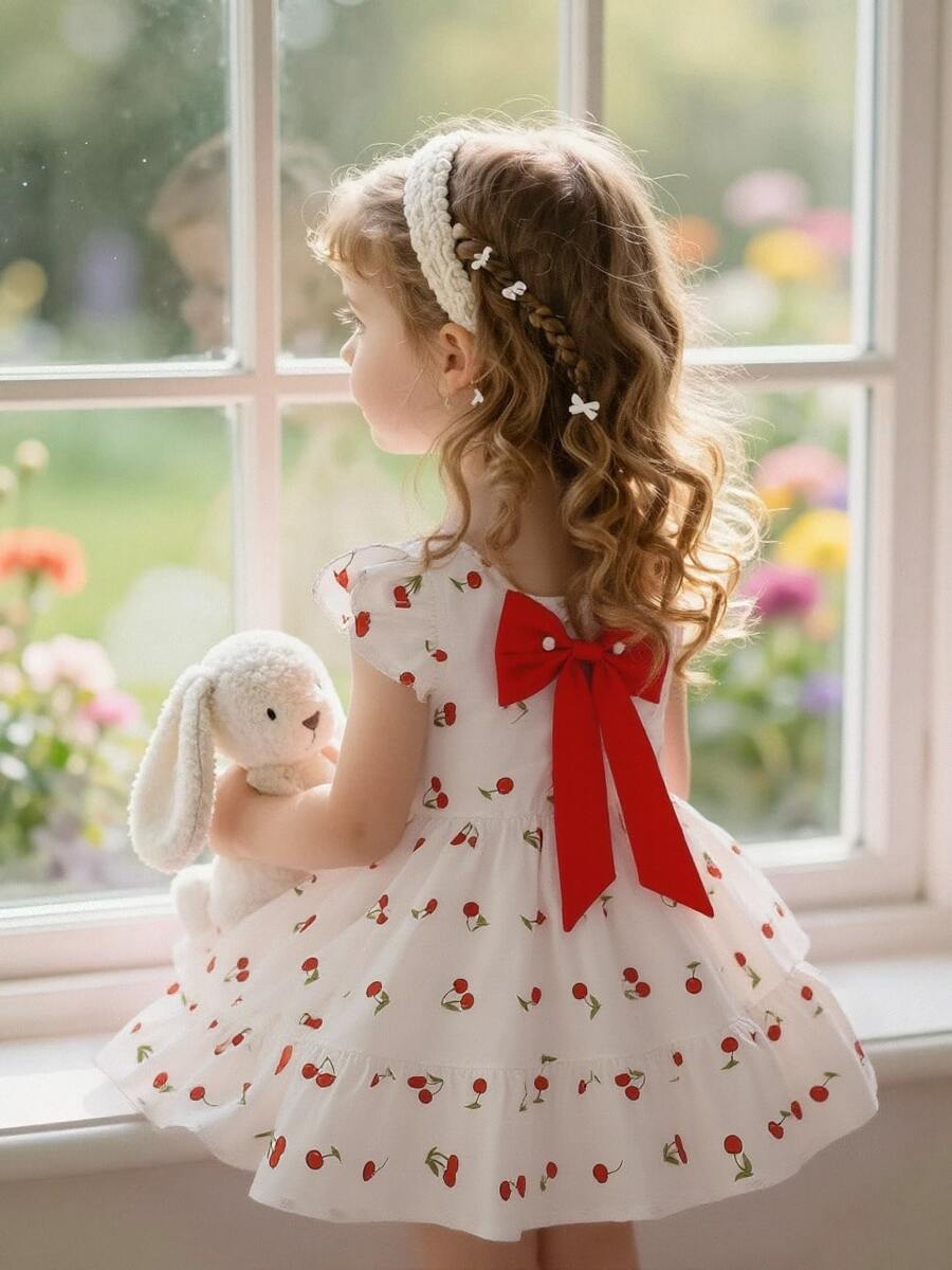 2-5Y Girls Cherry Print Princess Dress, Cute & Stylish Baby Girl Summer Dress - Red and White - View 1