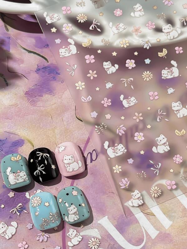 1pc Cute White Cat Nail Stickers, Sweet Floral Bowknot & Star Self-Adhesive Nail Decals, Kawaii Style Manicure Decor For Girls