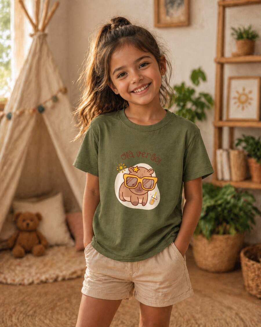 Girls' T-Shirt, Hi Summer Capybara Brazil, Cotton - 軍綠色 - 查看 1