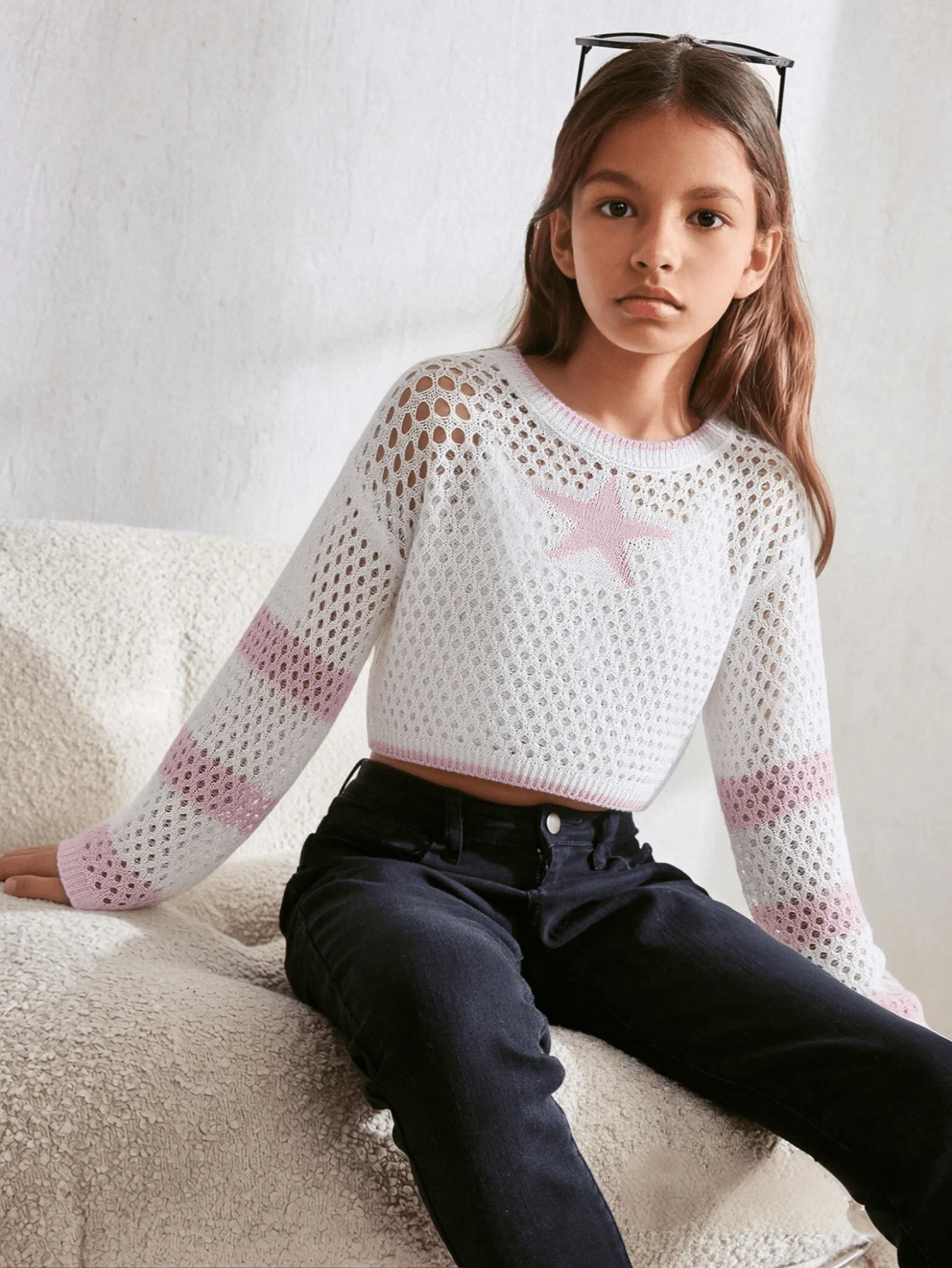 Girls' Hollow Out Casual Breathable Long Sleeve Sweater, Comfortable & Versatile, Fashionable Hollow Design, Casual Outings, Beach Vacation, Party, Soft Material, Contrast Color Knit Sweater For Spring & Summer, Suitable For Daily Wear, Back To School Season, Cropped Pullover For Teens