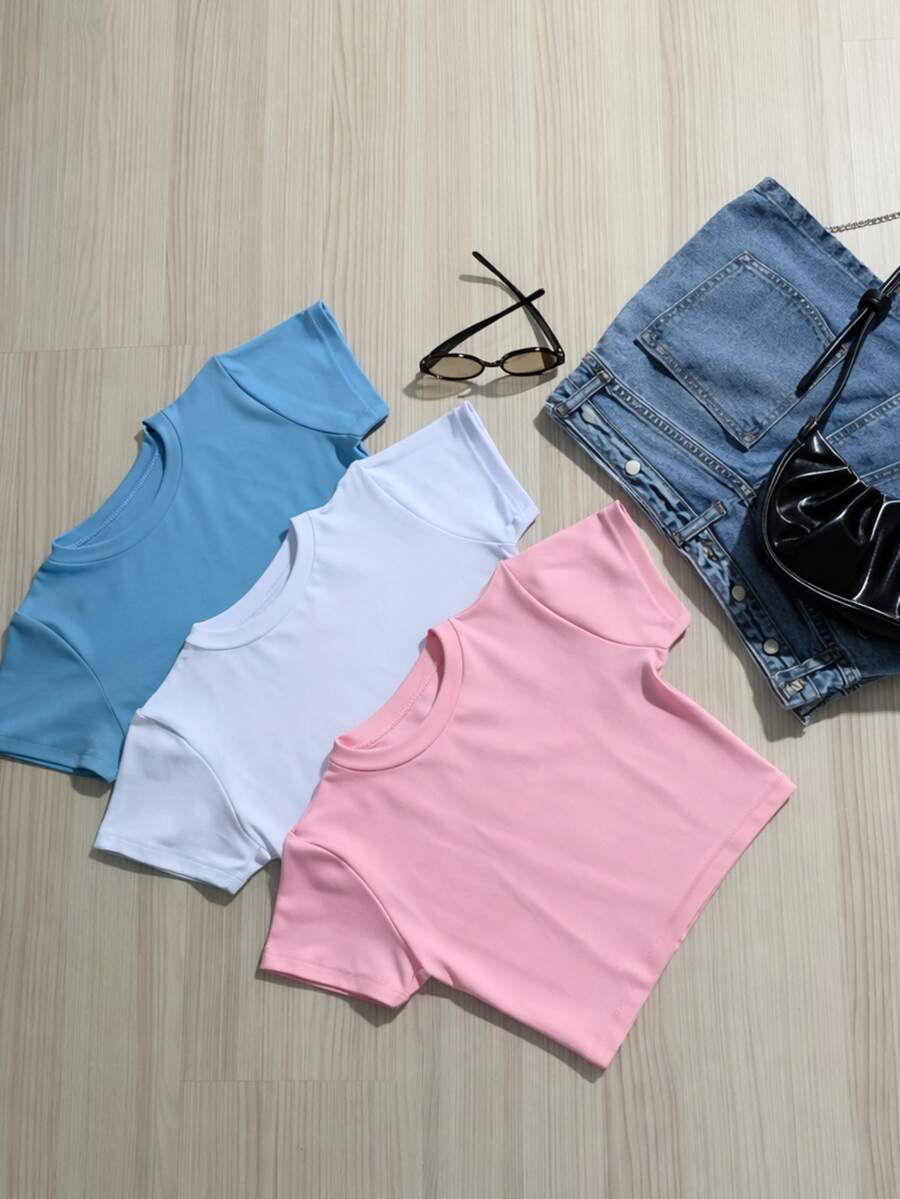 Kit 3 Cropped Women's Blouse Short Sleeve BabyLook Suplex Basic Casual - 藕粉色 - 查看 1