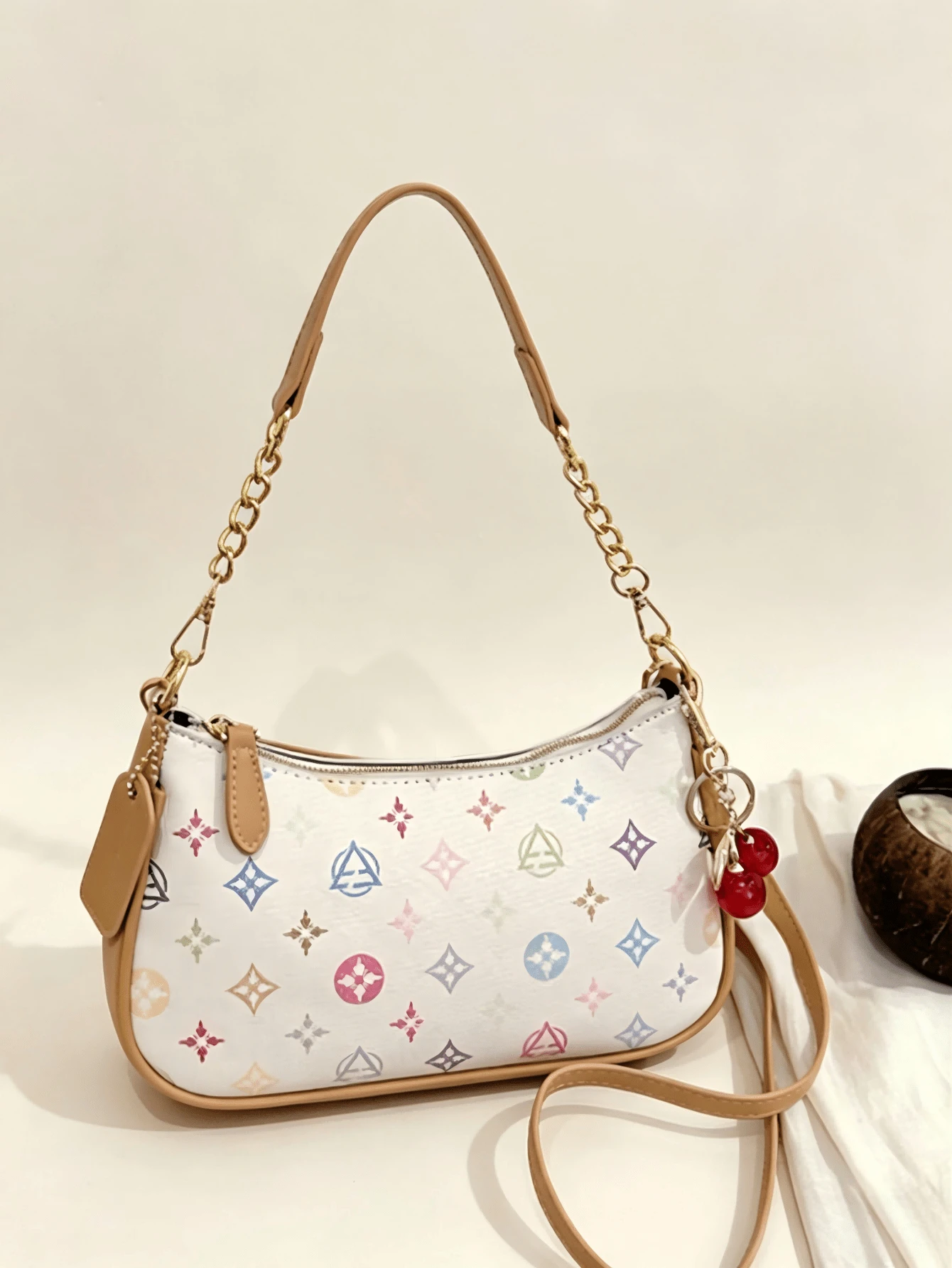 Pink Star Letter Crescent Shoulder Bag, PU Waterproof Chain Underarm Purse With Cherry Charm, Women's Crossbody Handbag For Commute Shopping Party - 彩色 - 查看 1