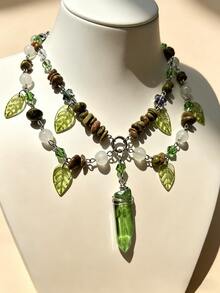 1 Pc Bohemian Green Crystal Leaf Beaded Necklace For Women, Natural Stone & Leaf Charm Forestcore Choker, Fairycore Nature Inspired Jewelry - Hsp042704 - 查看 5