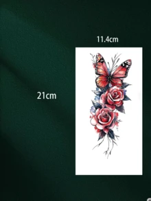 1 pieza Tatuaje temporal de rosa roja doble + mariposa, personalizado, de moda, realista para adultos, impermeable, puede cubrir cicatrices y heridas, hecho a mano, tatuaje temporal, impermeable, apariencia de tatuaje auténtico, diseño de nicho - Negro - Ver 4