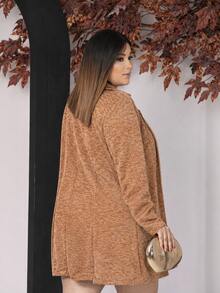 Women's Plus Size Curve Long Ribbed Knit Jacket With Pockets - Elegant Blazer - Autumn Fashion - Camel - View 2