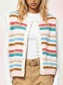 Áo khoác cardigan nữ kiểu dáng thường ngày, dễ thương, kẻ sọc phối màu tương phản, có cúc cài phía trước, thích hợp cho mùa xuân/hè. - Nhiều màu - Xem 5