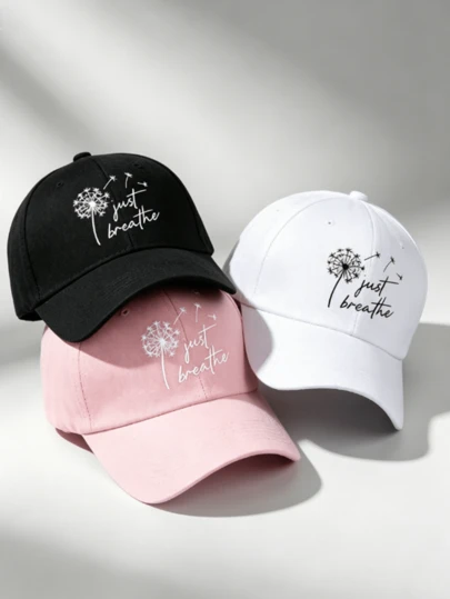 1pc "Just Breathe" Dandelion Print Adjustable Baseball Cap, Black Casual Dad Hat, Truck Driver Hat Suitable For Outdoor, Hiking, Fishing, Sun Protection, Inspirational Slogan Sun Hat