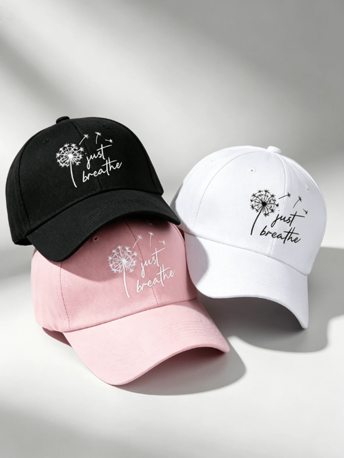1 pieza Gorra de béisbol ajustable con estampado de diente de león "Just Breathe", gorra casual negra de papá, gorra de camionero adecuada para exteriores, senderismo, pesca, protección solar, gorra con lema inspirador, vacaciones, festival - multicolor - Ver 1