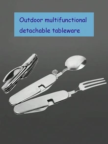 1pc 4-In-1, 6-In-1 Outdoor Stainless Steel Folding Knife, Fork, Spoon, Can Opener, Multi-Functional Camping Tableware And Picnic Tool - Multicolor - View 2