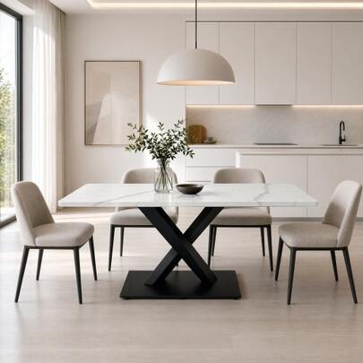Modern Rectangular Dining Table For 6-8 People, Large White Kitchen Table With MDF Desk And Black Metal Base, White Marble Patterned Wooden Table, X-Shaped Support Dining Table For Home Office/Living Room