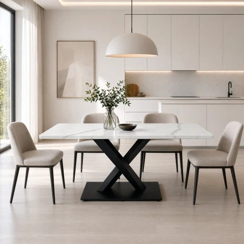 Modern Rectangular Dining Table For 6-8 People, Large White Kitchen Table With MDF Desk And Black Metal Base, White Marble Patterned Wooden Table, X-Shaped Support Dining Table For Home Office/Living Room - 黑與白 - 查看 1