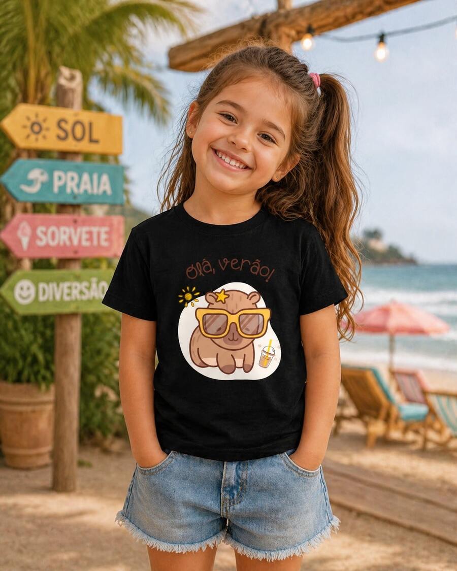 Camiseta Infantil Meninas Oi Verão Capivara Brasil Algodão - Preto - Visão 1